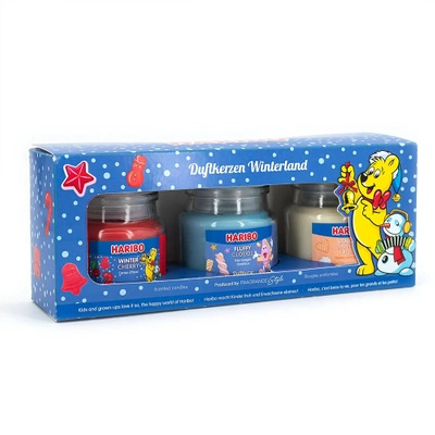 Haribo Winterland set di candele profumate 3x85g - Winter Cherry, Fluffy Clouds, Vanilla Waffle Cream