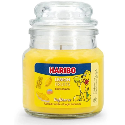 Haribo malá vonná sviečka v skle 85 g - Lemon Fruits