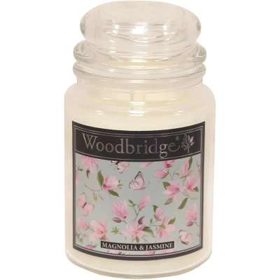 Grote geurkaars in glazen pot met twee lonten Exotic Blossom Woodbridge Candle 565 g