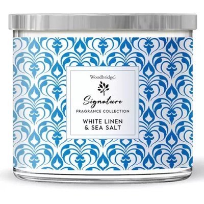 Vela perfumada en vaso 3 mechas Woodbridge Signature - White Linen Sea Salt