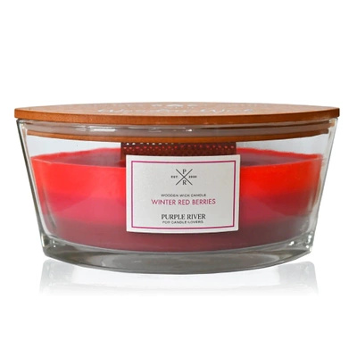 Scented candle with wooden wick Purple River Ellipse Tricolor 453 g - Winter Red Berries