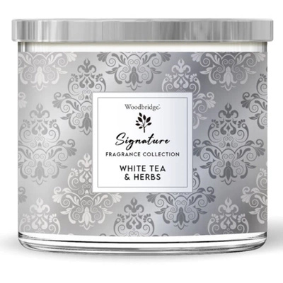 Vela perfumada en vaso 3 mechas Woodbridge Signature - White Tea Herbs