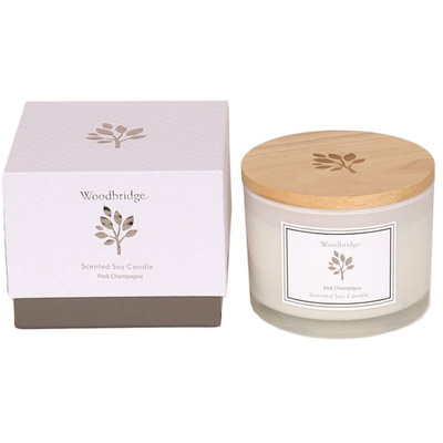 Candela grande profumata alla soia in vetro lattimo in regalo confezionata in una scatola Rosa Champagne Woodbridge Candle 370 g